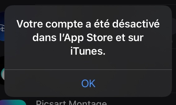 compte a été désactivé dans app store