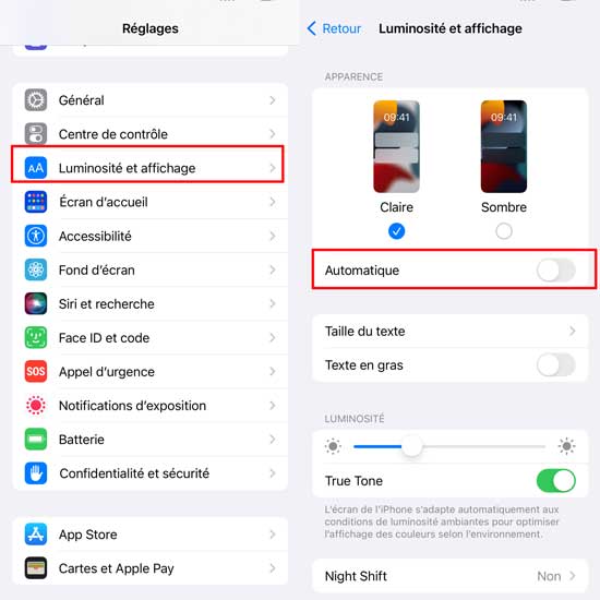 désactiver la luminosité automatique iphone