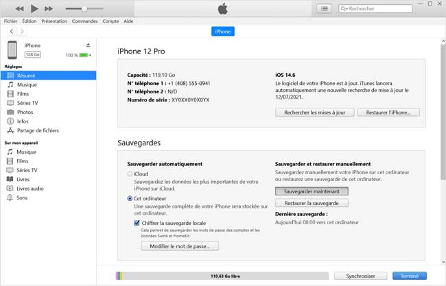 sauvegarder maintenant en utilisant iTunes