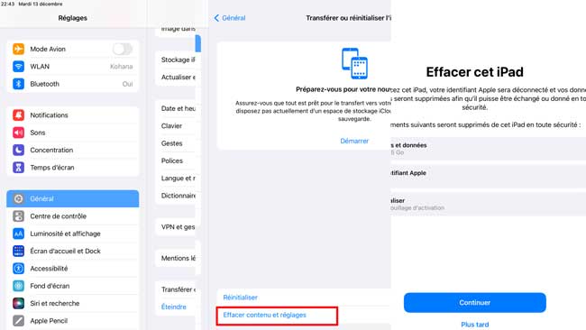 effacer tous les contenus et les réglages sur ipad