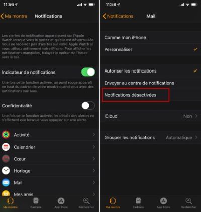 désactiver notification apple watch