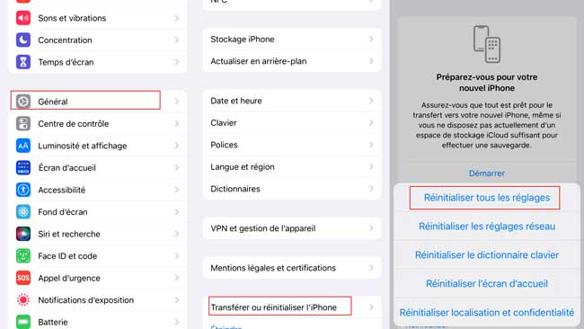 restaurer l’iphone dans les paramètres du téléphone