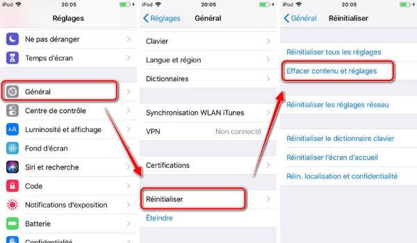 effacer contenu et réglages ipod