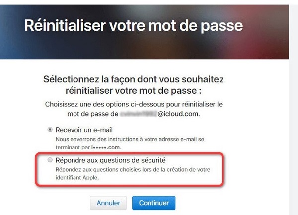 réinitialiser votre mot de passe par mail ou question