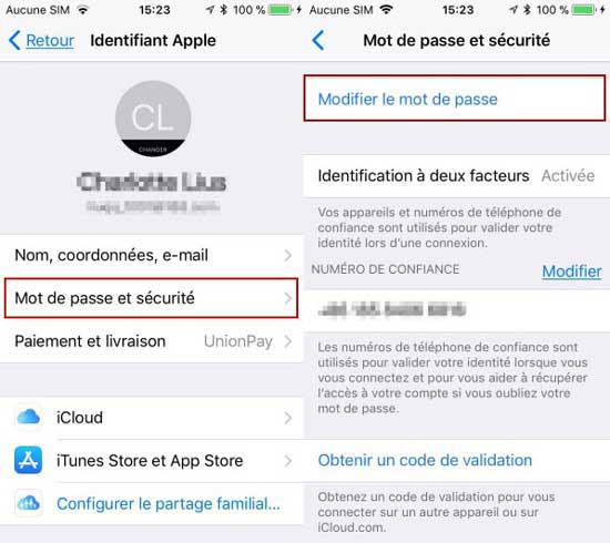 modifier le mot de passe de l'identifiant apple iphone