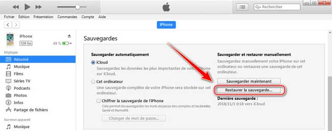 restaurer le package itunes