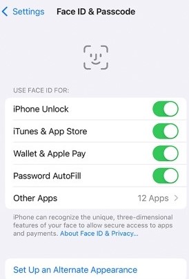 vérifier les paramètres face id