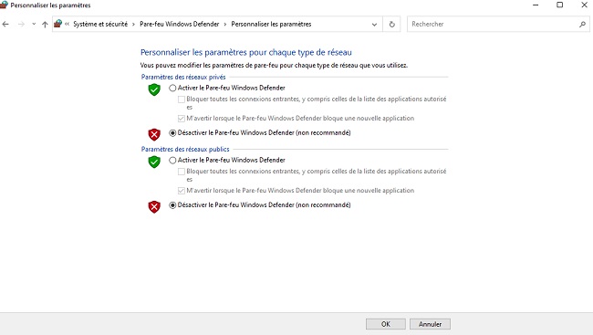 désactiver les fenêtres de protection du pare-feu et du réseau